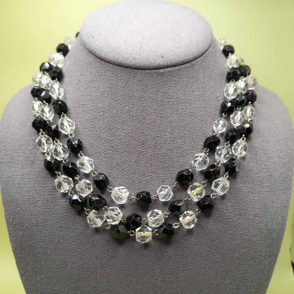 Art Deco Black Clear Crystal Necklace 53in Flapper Glass Beads 1930s